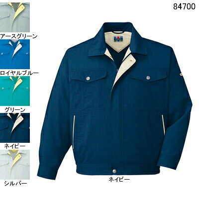 作業服 84700XL4L〜5L他のサイズを選ぶ●● 商品説明●春夏用●素材：アクアドライCプラストロ●混率：ポリエステル80％・綿20％(リサイクル素材55％使用)●サイズ：SS(胸囲/108、肩幅/45、袖丈/51、着丈/60)、S(胸囲/112、肩幅/47、袖丈/53、着丈/62)、M(胸囲/116、肩幅/49、袖丈/55、着丈/64)、L(胸囲/120、肩幅/51、袖丈/57、着丈/66)、LL(胸囲/124、肩幅/53、袖丈/59、着丈/68)、XL(胸囲/128、肩幅/55、袖丈/59、着丈/70)、4L(胸囲/132、肩幅/57、袖丈/60、着丈/70)、5L(胸囲/140、肩幅/61、袖丈/60、着丈/72)●カラー：ネイビー、グリーン、シルバー、アースグリーン、ロイヤルブルー●関連商品※84710エコ吸汗・速乾半袖ブルゾン※84701エコ吸汗・速乾ツータックパンツ※84706エコ吸汗・速乾レディースワンタックパンツ(裏付)商品仕様●環境に優しいリサイクル素材を使用したユニフォーム。クールビズ対応製品から、レディースペア製品、カラーバリエーション豊富なブルゾン・ポロシャツまで品揃え。●職場で選ぶ。カラーで選ぶ。吸汗・速乾素材で快適ワーク。製造業や運送業といったソフトワーク向けの男女ペアカラーユニフォーム。吸汗・速乾性に優れ、サラッとした着心地に定評のある「アクアドライCプラス」を使用することで、汗によるべとつきや不快感を解消します。104084700コーディネイト商品エコ吸汗・速乾半袖ブルゾン84710エコ吸汗・速乾ツータックパンツ84701エコ吸汗・速乾レディースワンタックパンツ(裏付)84706