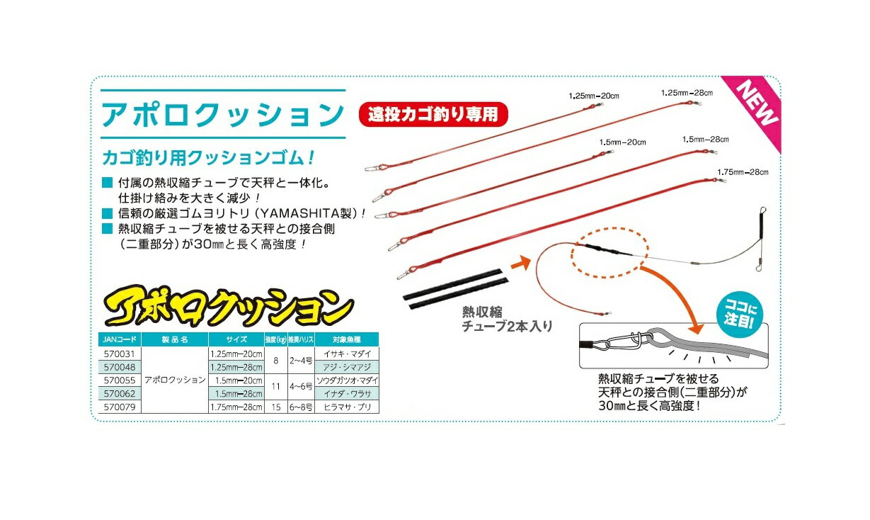 サニー商事 アポロクッション 遠投カゴ釣り専用クッションゴムが新登場！ なぜ専用！？ 天秤とクッションゴムを一体化させるための、熱収縮チューブがセットになっています！ またその熱収縮チューブを被せる箇所（溶着部分）を長くして、強度を上げています！！ ●付属の熱収縮チューブで天秤と一体化。 遠投時に手前マツリが大幅に減少！ ●クッションゴムの材質はYAMASHITAの厳選ゴムヨリトリ素材！ ●クッションゴムの熱収縮チューブが被さる部分を30mm、二重溶着で太くしてあるため高強度！ ・モニターの発色具合によって実際のものと色が異なる場合があります。