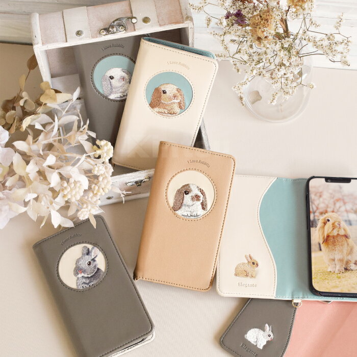 Elegante Rabbits iPhone12 ケース 手帳型 うさぎ 刺繍 iPhone12 カバー 手帳 iPhone12 手帳型ケース アイフォン12 手帳型 スマホケース iPhone12 携帯ケース スタンド付き 可愛い ウサギ TOK 2