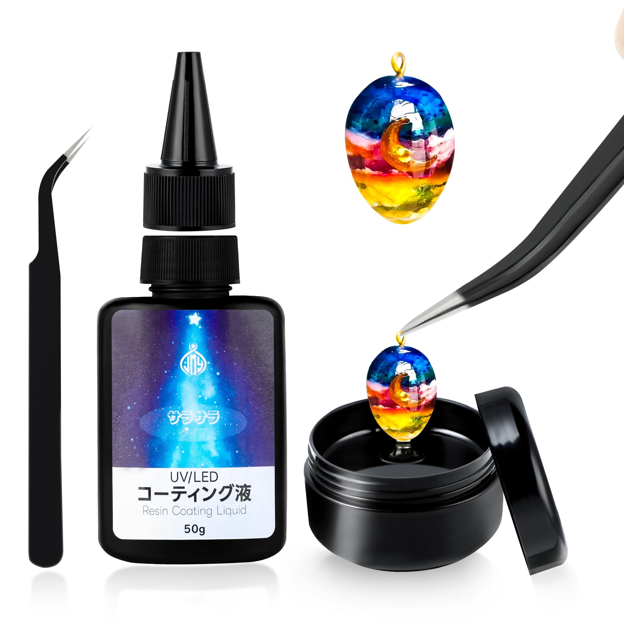 <お届けについて>・商品ページの「最短お届け日」はシステム上の目安です。実際のお届け日を保証するものではなく、 発送や配送の状況により前後する場合があります。・発送業務は当店の出荷体制により順次手配しております。外部の物流センターの配送サービスを 利用して出荷する場合があるため、梱包資材や外箱に当店名以外の表記があることがあります。 商品自体に問題はありません。・配送方法(ポスト投函/置き配/不在票の投函と再配達)は、商品のサイズや地域により 自動的に選ばれます。配送業者のご指定は承っておりません。・複数の販売チャネルで在庫を共有しているため、更新のタイミングにより実際の在庫・出荷状況と 異なる場合があります。行き違いによる欠品や販売終了の際は、ご注文をキャンセルと させていただくことがあります。高品質な樹脂を使用した大容量50gのUVレジン液です。UVライトで約1~2分で硬化し、高い透明度と低い収縮率を実現しています。気泡の発生を抑えることができ、長期間使用しても黄変しにくい耐久性を備えています。ハンドメイド作品やレジンクラフトの制作におすすめです。商品仕様容量:50g成分:樹脂セット内容:本体50g、ケース、ピンセット硬化時間:UVライトで約1~2分