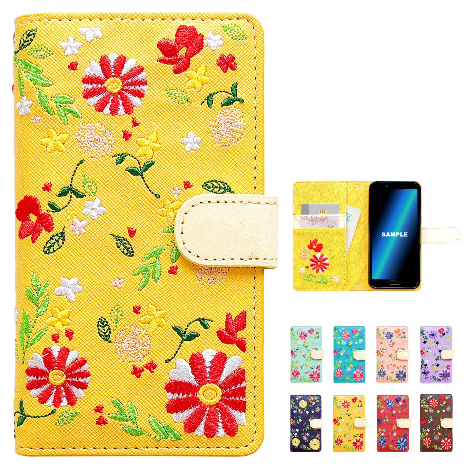 【2個セット】スマホケース 互換:iPhone16対応 手帳型 ケース カバー ちょいヌメ花刺繍 イエロー