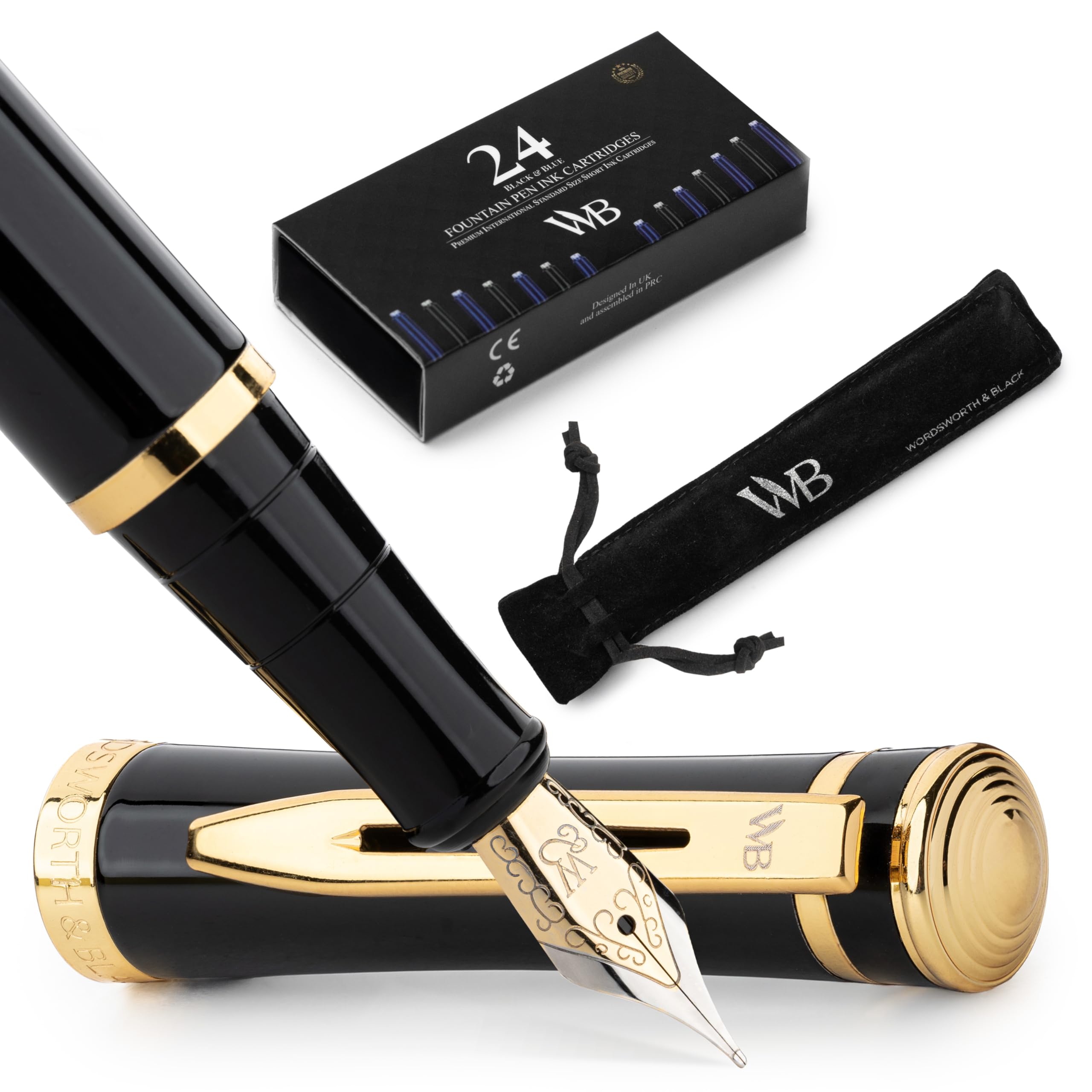 Fountain Pen Set, 18K Glided Medium Nib, Includes 24 Pack Ink Cartridges, Ink Refill Converter & Gift Pouch, Gold Finish, Calli