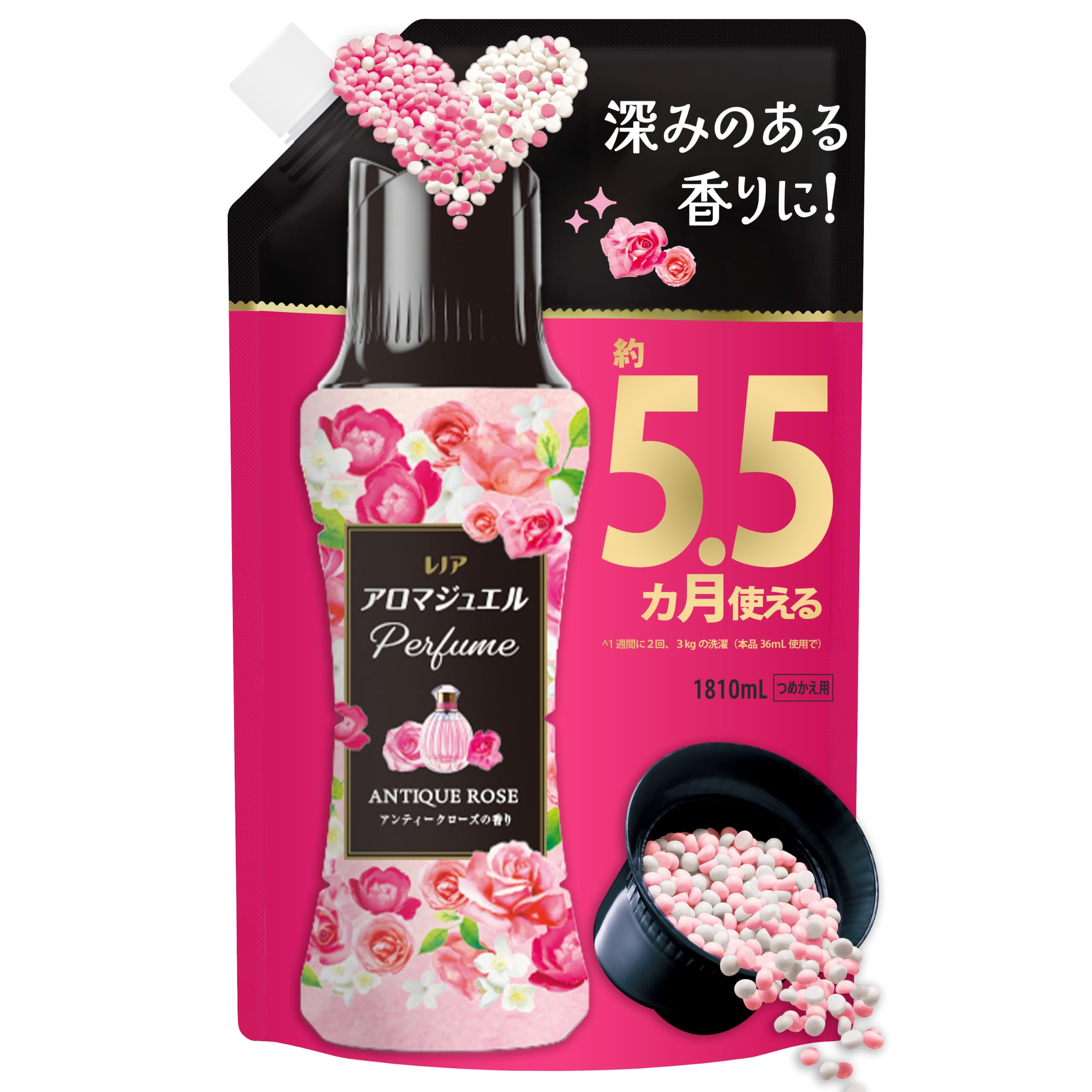<お届けについて>・商品ページの「最短お届け日」はシステム上の目安です。実際のお届け日を保証するものではなく、 発送や配送の状況により前後する場合があります。・発送業務は当店の出荷体制により順次手配しております。外部の物流センターの配送サービスを 利用して出荷する場合があるため、梱包資材や外箱に当店名以外の表記があることがあります。 商品自体に問題はありません。・配送方法(ポスト投函/置き配/不在票の投函と再配達)は、商品のサイズや地域により 自動的に選ばれます。配送業者のご指定は承っておりません。・複数の販売チャネルで在庫を共有しているため、更新のタイミングにより実際の在庫・出荷状況と 異なる場合があります。行き違いによる欠品や販売終了の際は、ご注文をキャンセルと させていただくことがあります。2色の香水ビーズを配合した、上質で深みのある香り付けビーズです。柔軟剤と併用して使用することができ、今お持ちの柔軟剤と一緒に使うことでオリジナルの香りを作ることが可能です。お気に入りの衣類の香りを長持ちさせたい方や、香りの変化を楽しみたい方に向いています。詰め替え用として日常のお洗濯にお使いいただけます。商品仕様容量:1810mL香り:アンティークローズの香り用途:衣類用