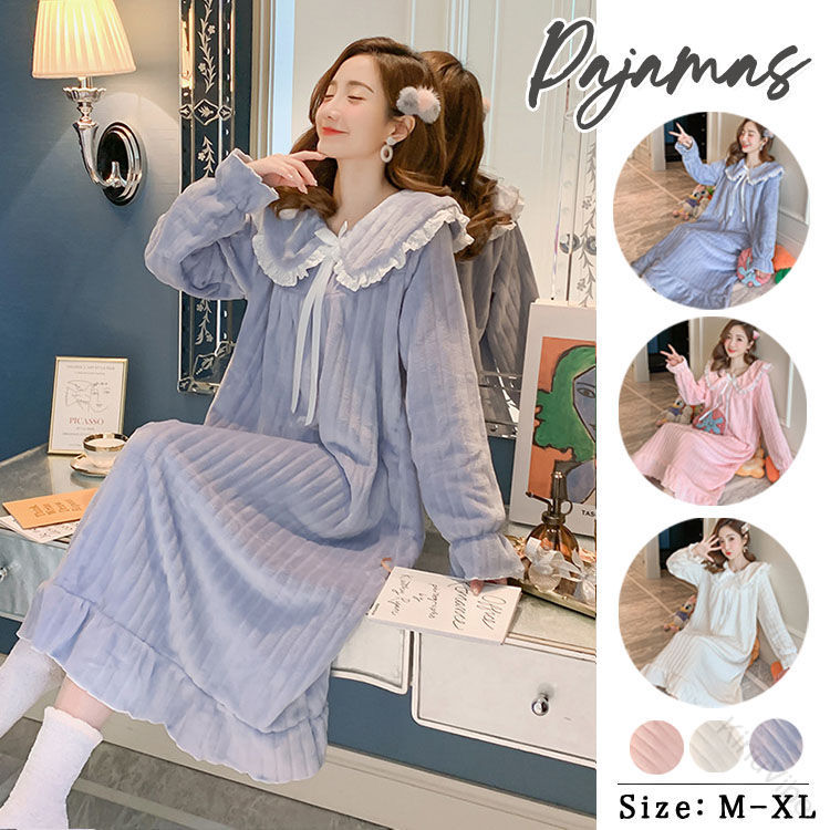 パジャマ 寝スカート可愛い ルームウェア レディース ワンピース レース フリル 春秋冬 フランネル フ..