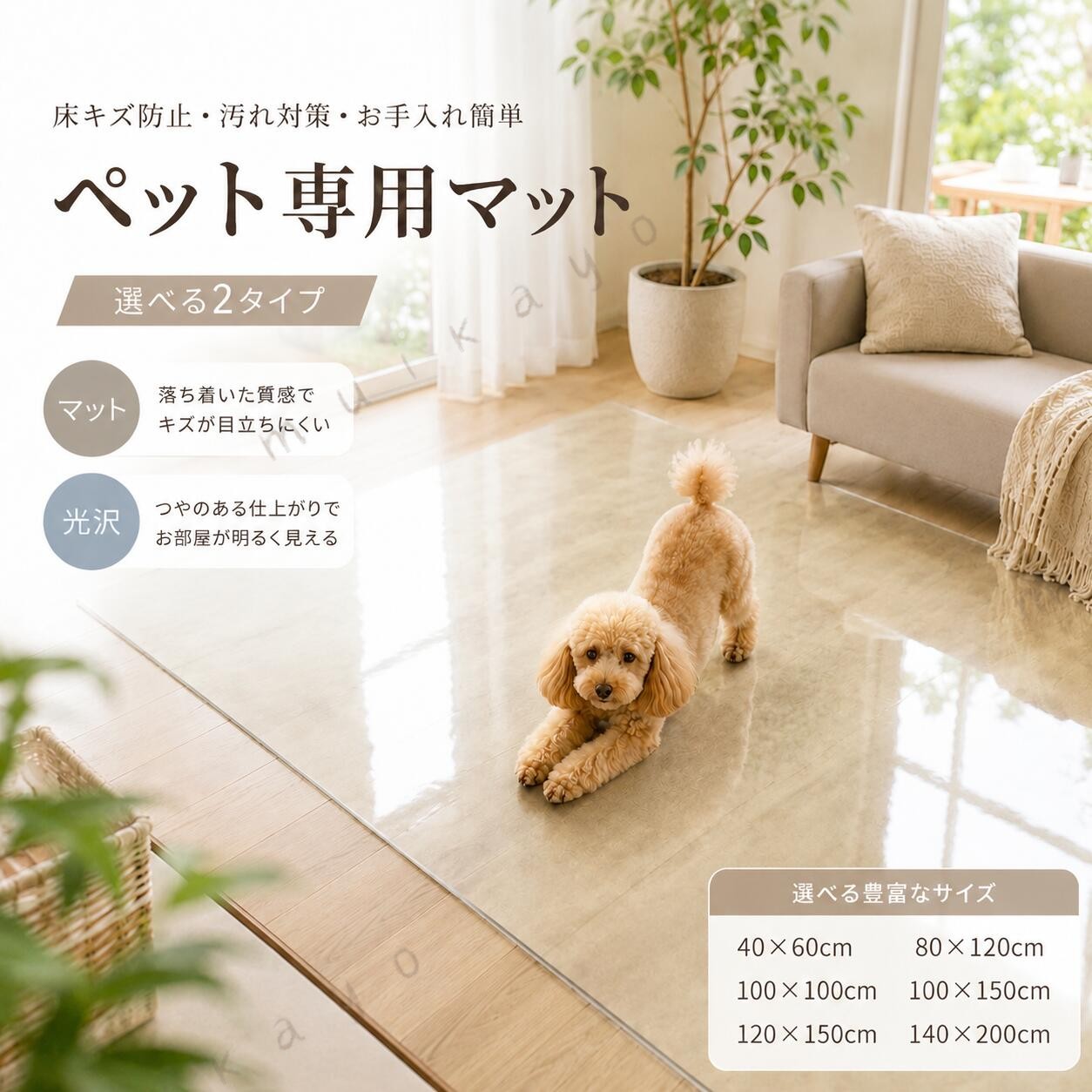 保護マット 透明マット フロアマット ペットマット 犬 猫 床保護マット 防水 滑り止め クッションフロア ラグマット シート カーペット 床キズ防止 汚れ防止 PVCマット 廊下敷きマット クリアマット カット可能 お手入れ簡単 抗菌 光沢/マット kinuvibe-10079157 KinuVibe パッケージ画像