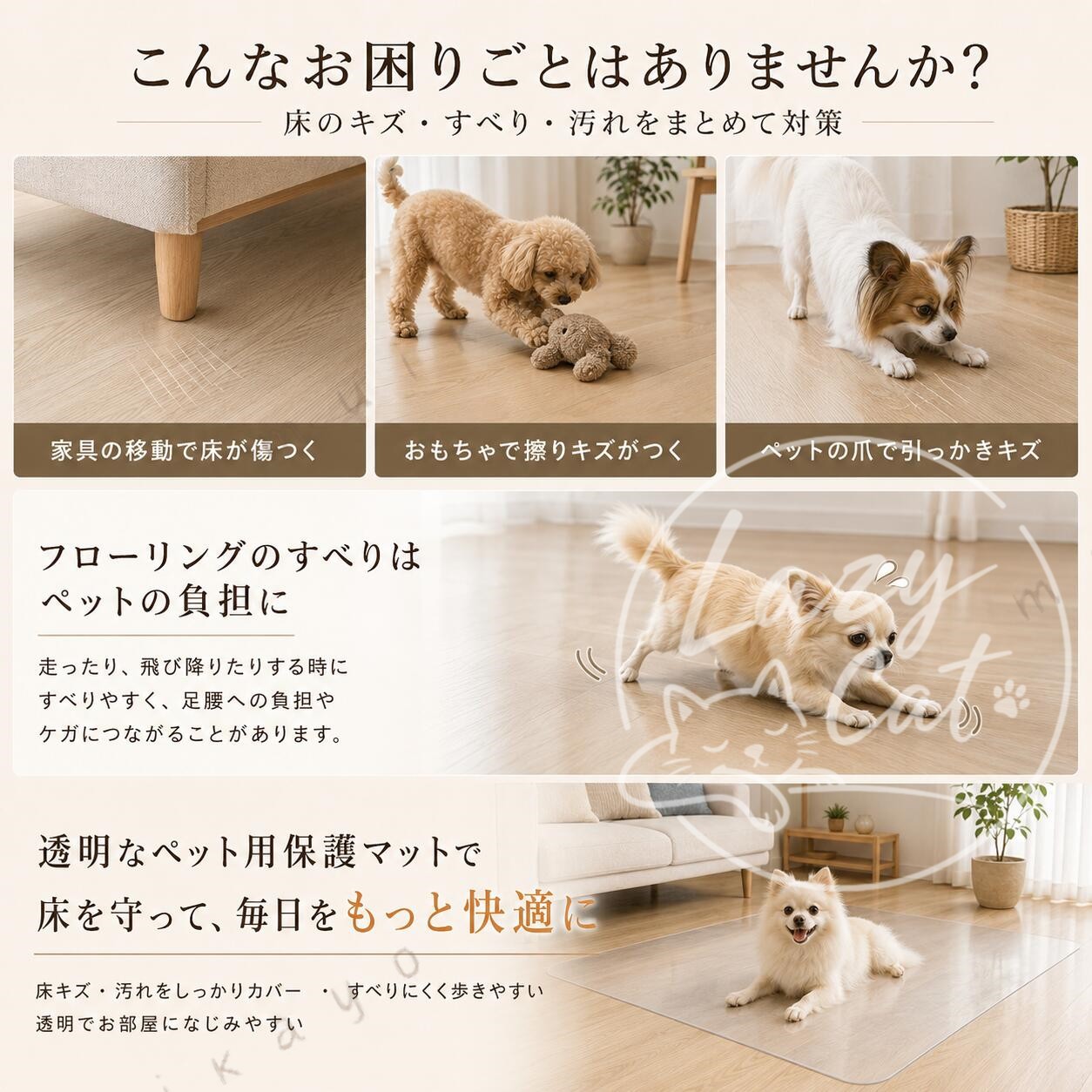 保護マット 透明マット フロアマット ペットマット 犬 猫 床保護マット 防水 滑り止め クッションフロア ラグマット シート カーペット 床キズ防止 汚れ防止 PVCマット 廊下敷きマット クリアマット カット可能 お手入れ簡単 抗菌 光沢/マット kinuvibe-10079157 KinuVibe サンプル画像2