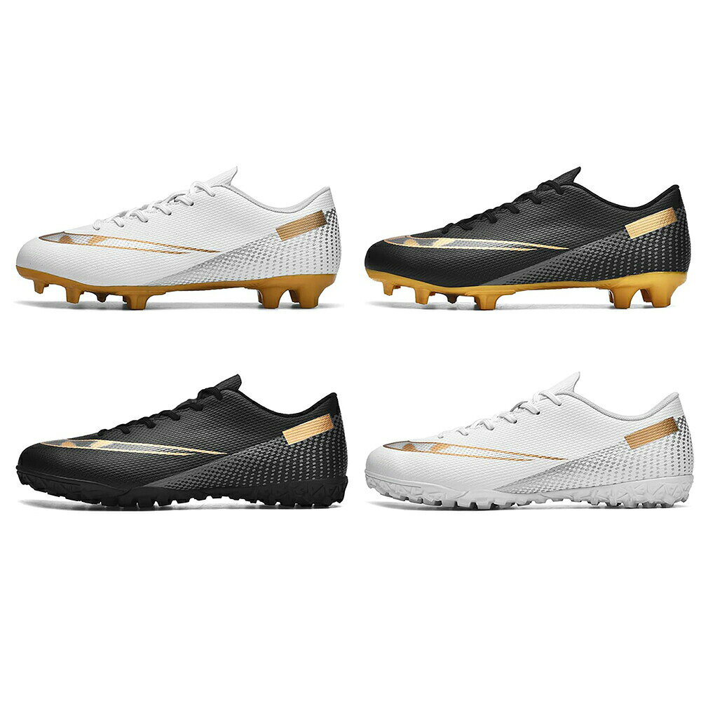 サッカー トレーニングシューズ メンズ サッカーシューズ ジュニア サッカースパイク 白 黒 フットサルシューズ 室内 トレーニングシューズ プロサッカーシューズ スパイク サッカー 幅広 軽量 TF/HG 22.5cm-28.5cm滑りにくいデザインの上に、着地時の衝撃を分散させて足の負担を軽減。【快適な素材】サッカーシューズアッパーは耐久性に優れたPUを採用して、重量が軽く、耐摩耗性が強く、柔軟な足の感触をもたらし、より快適なフィット感のために足をしっかりと包みます。踵部分には保護設計を採用し、足をしっかりと保護。サッカー トレーニングシューズとしていい選択だ【軽量/柔軟】気軽に曲がり、軽くて、柔らかく、自由に歩くことができる。競技者に安全防震で軽量的な靴を提供して、脚への負担をやわらげまして、スポーツ時の足の柔軟性を高め。サッカーピッチでの高速走行に最適な設計で、安定したボールコントロールが可能です、試合に勝つ確率を高めることができます。【滑り止め】アウトソールにはラバーを使用し、ソールのスパイクがグリップ力を発揮、踵部分には保護設計を採用し、足をしっかりと保護。滑りにくいデザインの上に、着地時の衝撃を分散させて足の負担を軽減。防滑や防震機能付きの優れたクッション性があり、耐磨耗性は抜群で、雨の日にも楽に運動できます。【絶妙なデザイン】靴のすべての部分は、経験豊富なデザイナーによってデザインされています。 靴の外側の色やストライプ、スタッズの長さや距離など、すべてのディテールは、デザイナーの継続的な実験による最高の結果となっています。 品質だけでなく、見た目も重視し、さまざまなスタイルのジャージに合わせられるようにしています。この商品は、快適性と機能性を両立した、優れたサッカーシューズです。競技者にとっては勝率を高めるための必要なアイテムとして、また、普段のトレーニングにも最適です。【サッカーシューズ適用シーン】フットサル、柔らかい地面、硬い地面、ゴム製の地面、屋内および屋外のあらゆるフットボール競技場、土や自然の芝生での使用に適しており、人工芝にも適しています。5