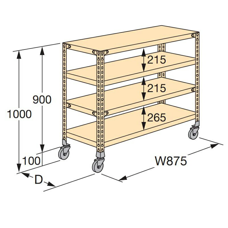 【物流・保管用品-軽量スチール棚キャスター付】軽量キャスターラックNWR型 (ゴムアングルキャスター) NWR-7144 間口875×奥行600×高さ1000mm 段数4段 段荷重50kg／段＜大型・重量商品＞＜個人宅配送不可＞ 2