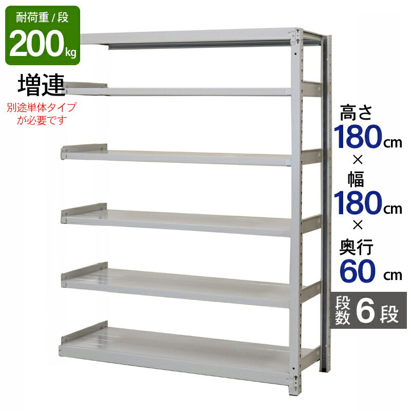 スチールラック 業務用 高さ180 幅180 奥行60cm 天地 6段 増連 軽中量 ATS型 耐荷重 200kg/段 収納棚 棚 スチール棚 ラック 日本製 アサカ ホワイト グレー 大型収納 店舗 倉庫 整理棚 事務所 物品棚 バックヤード