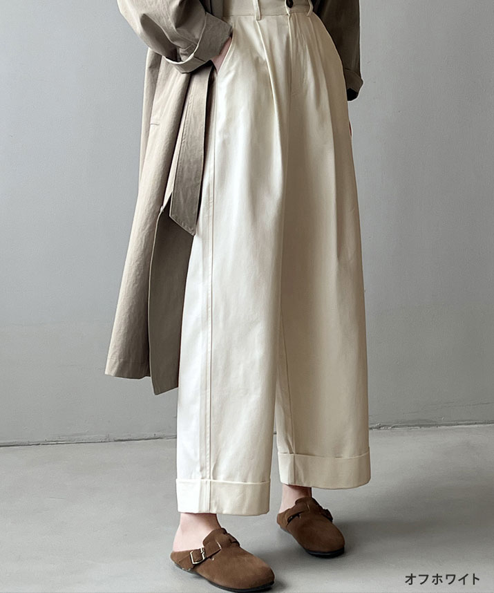 maviru by KiraKiraShopのパンツ《ハイウエストダブル仕立てスラックス 全3色 2サイズ》 レディース ボトムス スラックス ワイドパンツ ワンタック カラーパンツ 裾 ダブル ハイウエスト チノパン 春 夏 秋 コットン オフィスカジュアル カジュアル 大人 美脚パンツ シンプル////｜アングル3