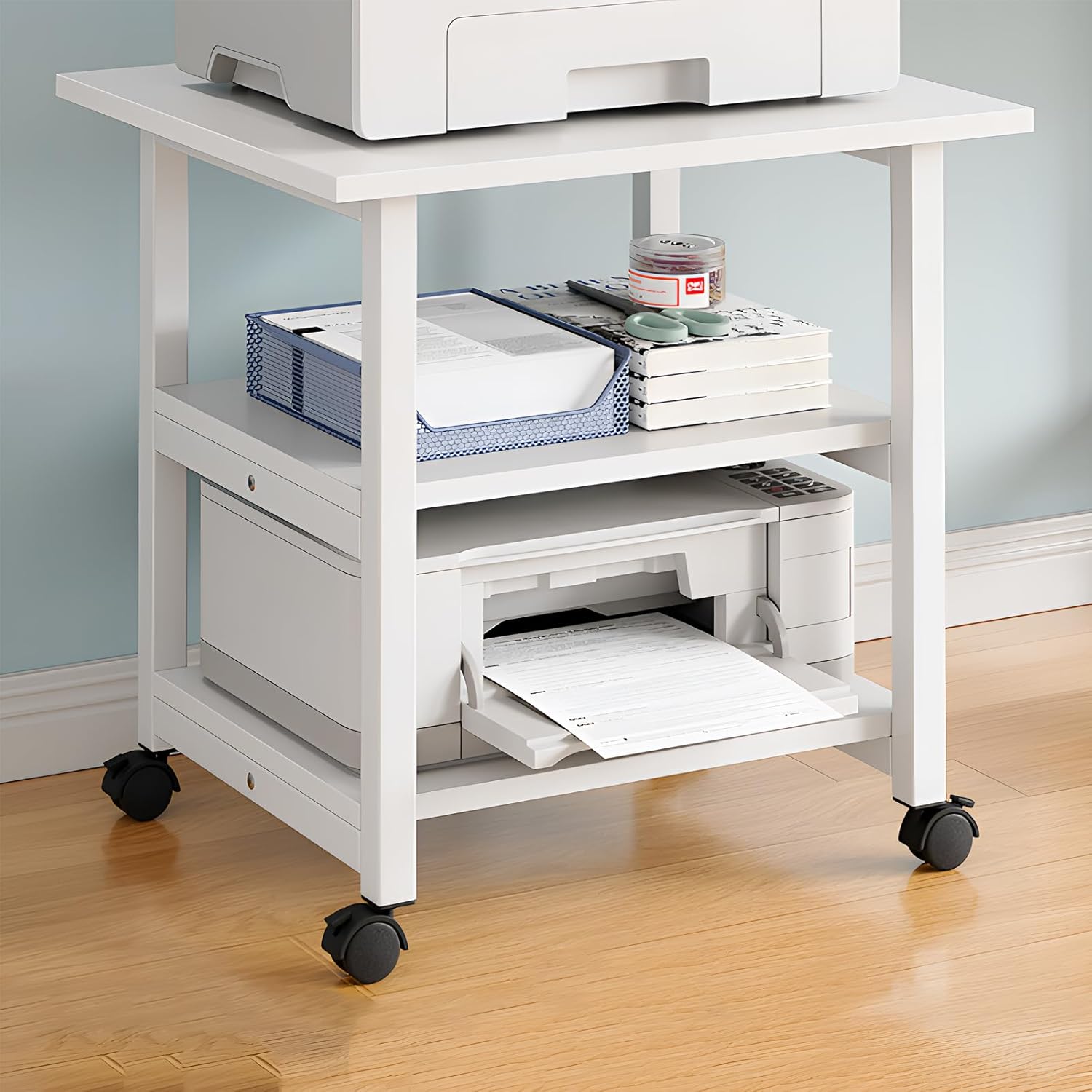 プリンター台 キャスター付き プリンターワゴン プリンターラック 幅48cm 木製 3段 デスクワゴン 机下..