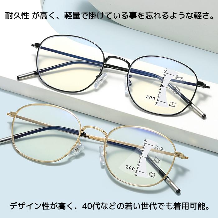 老眼鏡 ブルーライトカット 遠近両用 自動にスマートズーム 多焦点レンズ 丸型系 デザイン