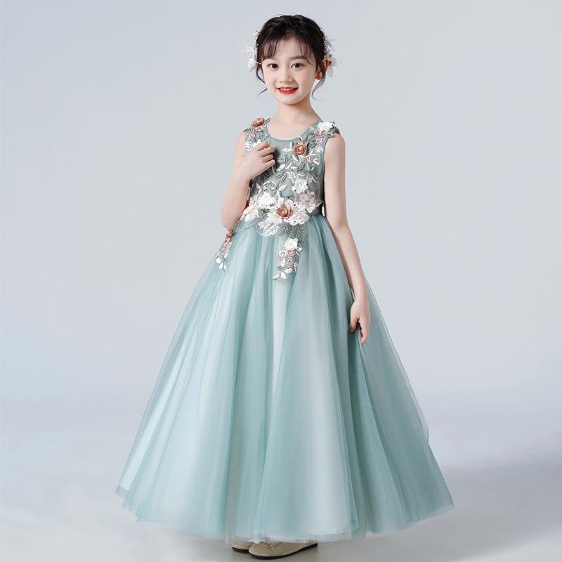 子供 ロングドレス ドレス ピアノ発表会 女の子 ジャンパースカート 丸ネック リボン チュール ファスナー フォーマル 卒業式 入園式 誕 2