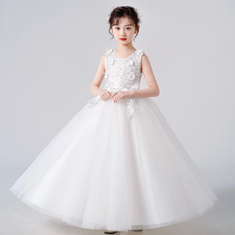 子供 ロングドレス ドレス ピアノ発表会 女の子 ジャンパースカート 丸ネック リボン チュール ファスナー フォーマル 卒業式 入園式 誕 3