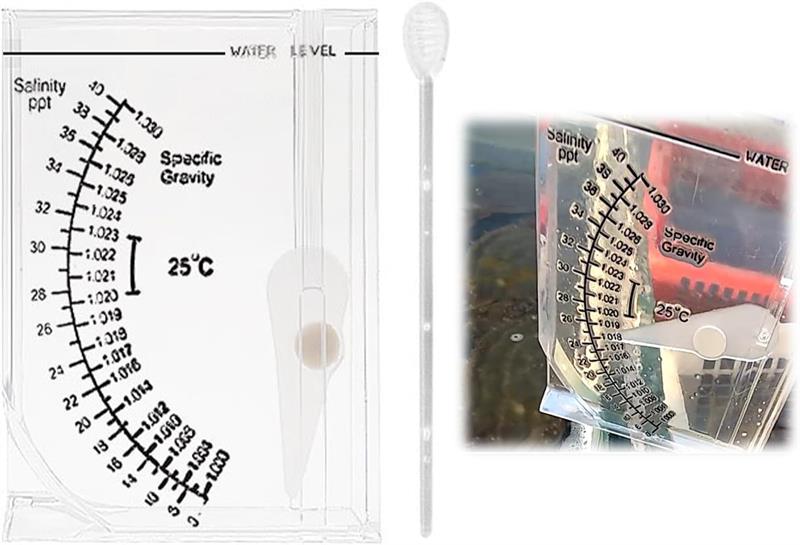 【仕様】1セットの水槽用 塩分計が届きます、正方形の容器の大きさは約9x12x1.5cmです、プラスチックの透明な棒の大きさは約13.5cmです。温水水槽（20℃-30℃）に適しています、推奨温度は25℃です、温度変化により測定値が変化します。1.020-1.023の前の塩水の密度は正常です、1.000-1.019は塩水の密度が低いことを意味し、1.024-1.030は塩水の密度が高いことを意味します。【製品の特徴】この塩分比重計は海水の塩分濃度を測定するために特別に設計されており、シンプルで直感的なデザインと明確なスケールで、簡単に水中の塩分濃度を測定し、測定結果を明確に読み取ることができ、魚介類の生育環境が最適な要件を満たしていることを確認し。それはあなたが養殖魚介類や海水の研究に理想的なツールです。【優れた材質】海水塩分濃度は高品質で環境に優しいアクリル材質を採用し、安全で信頼性が高く、丈夫で耐久性があり、落下防止、破損防止、耐磨耗などの特徴があり、長い耐用年数を維持することができます。【塩分計の使い方】塩分比重計の容器に塩水を注ぐと、中のポインタが上下に浮きます、外側の円が塩水の塩分濃度を、内側の円が塩水の密度を示す。 例：針の先端は40°を指し、すなわち塩分濃度40、密度1.030。【ヒント】水の中の塩分計は無重力状態になります、測定するためにタンクに浸漬することはできません、水を入れた後は、平らな面に対して垂直でなければなりません。 水を満たすとき、あまり動かないで下さい、水がゆっくり海水塩分計に流れるようにして下さい。 測定の際、プラスチック棒で比重ゲージの中の気泡を取り除くと、測定データがより正確になります（気泡は測定精度に影響します）。【仕様】1セットの水槽用 塩分計が届きます、正方形の容器の大きさは約9x12x1.5cmです、プラスチックの透明な棒の大きさは約13.5cmです。温水水槽（20℃-30℃）に適しています、推奨温度は25℃です、温度変化により測定値が変化します。1.020-1.023の前の塩水の密度は正常です、1.000-1.019は塩水の密度が低いことを意味し、1.024-1.030は塩水の密度が高いことを意味します。【製品の特徴】この塩分比重計は海水の塩分濃度を測定するために特別に設計されており、シンプルで直感的なデザインと明確なスケールで、簡単に水中の塩分濃度を測定し、測定結果を明確に読み取ることができ、魚介類の生育環境が最適な要件を満たしていることを確認し。それはあなたが養殖魚介類や海水の研究に理想的なツールです。【優れた材質】海水塩分濃度は高品質で環境に優しいアクリル材質を採用し、安全で信頼性が高く、丈夫で耐久性があり、落下防止、破損防止、耐磨耗などの特徴があり、長い耐用年数を維持することができます。【塩分計の使い方】塩分比重計の容器に塩水を注ぐと、中のポインタが上下に浮きます、外側の円が塩水の塩分濃度を、内側の円が塩水の密度を示す。 例：針の先端は40°を指し、すなわち塩分濃度40、密度1.030。【ヒント】水の中の塩分計は無重力状態になります、測定するためにタンクに浸漬することはできません、水を入れた後は、平らな面に対して垂直でなければなりません。 水を満たすとき、あまり動かないで下さい、水がゆっくり海水塩分計に流れるようにして下さい。 測定の際、プラスチック棒で比重ゲージの中の気泡を取り除くと、測定データがより正確になります（気泡は測定精度に影響します）。