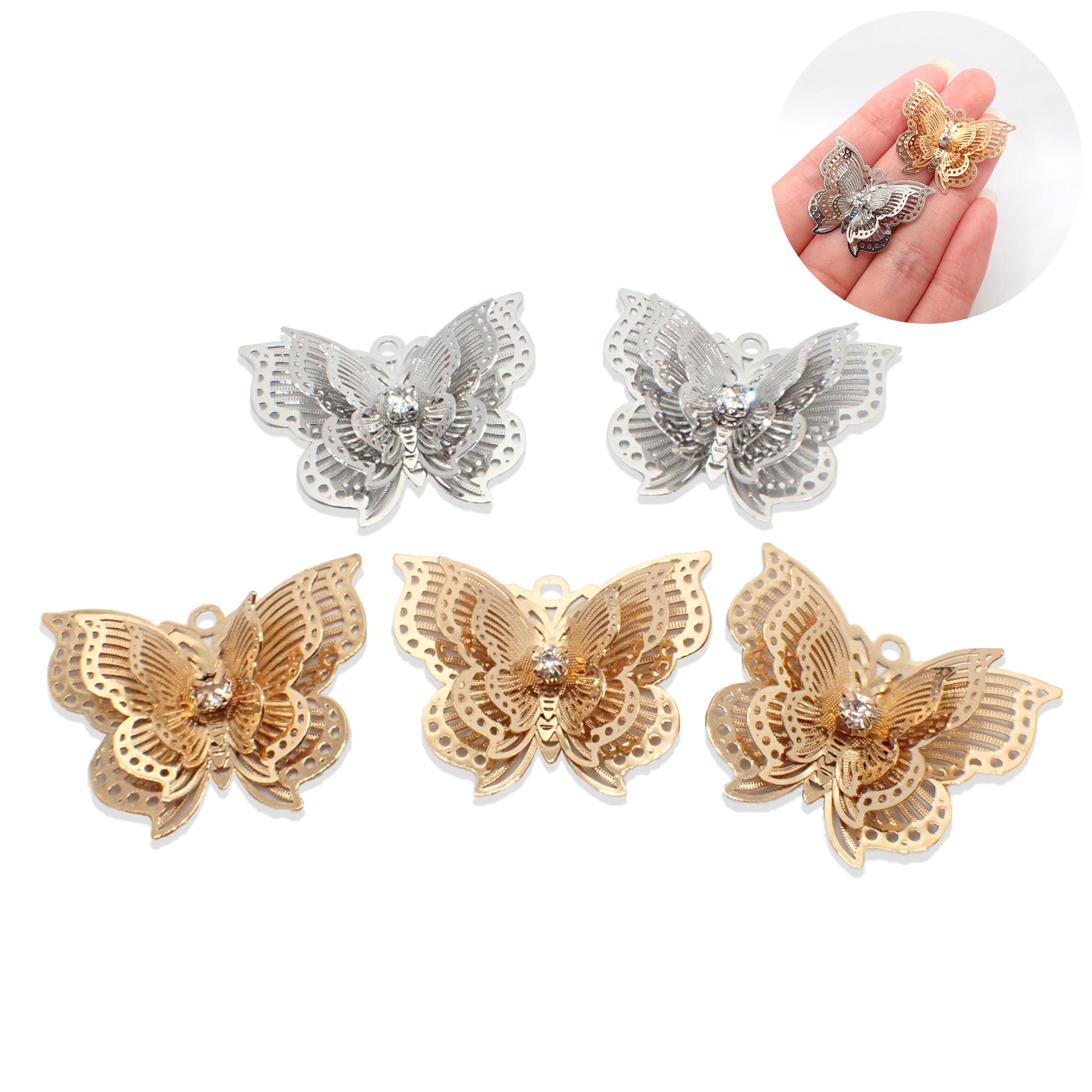 15%オフ お買い物マラソン　174. 透かしパーツ チャーム 三重蝶 ゴールド/シルバー 1個 5個 アクセサリー パーツ アクセサリーパーツ メタルパーツ 素材 材料 ハンドメイド ハンドメイドパーツ すかし ちょう