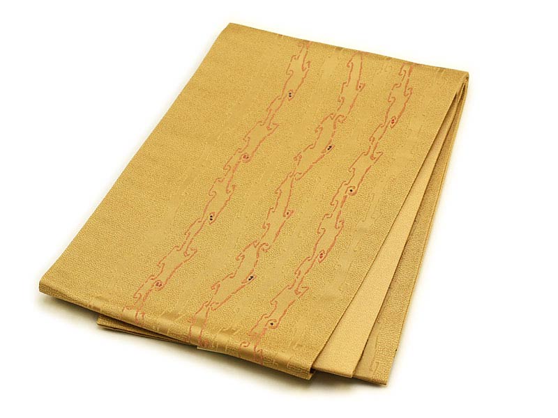 日本製●本場桐生織京袋帯 イエローベージュに幾何学チェーン