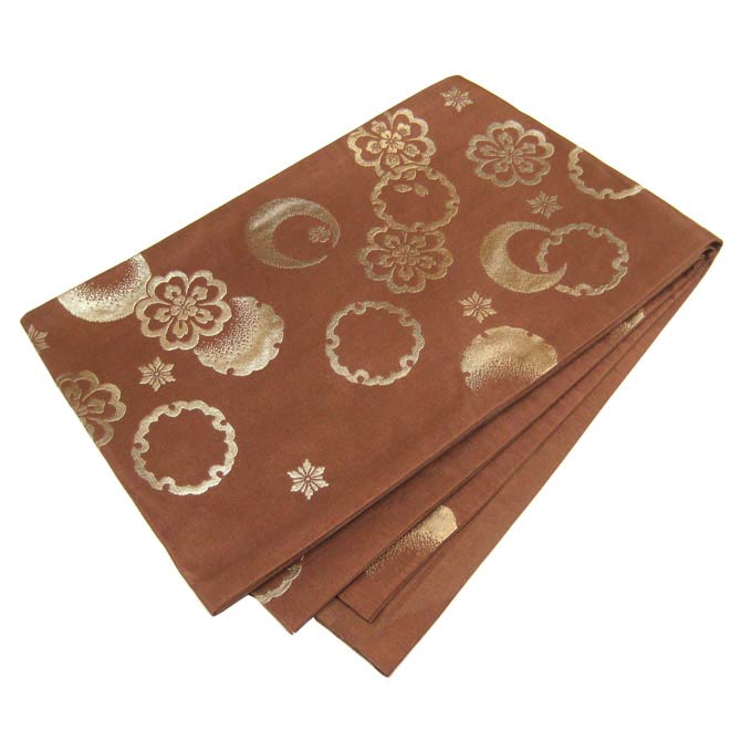 日本製●本場桐生織京袋帯 月の輪と桜と雪輪模様(ブラウン)