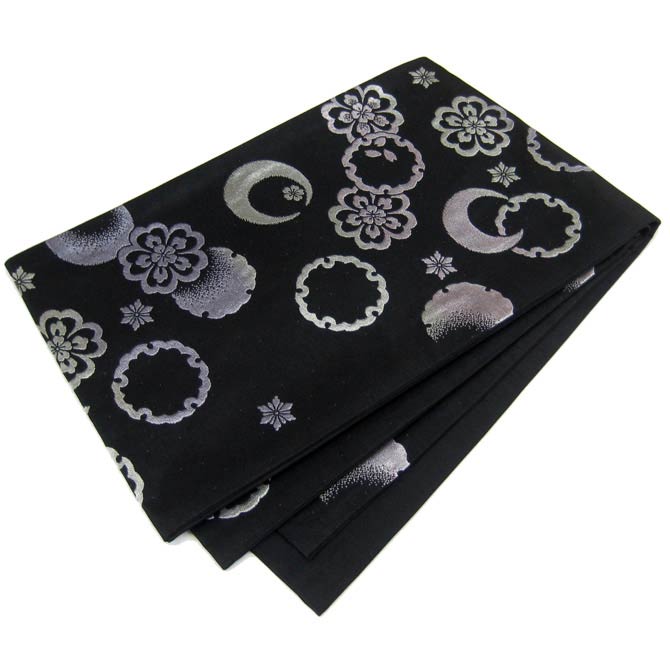 日本製●本場桐生織京袋帯 月の輪と桜と雪輪模様(ブラック)