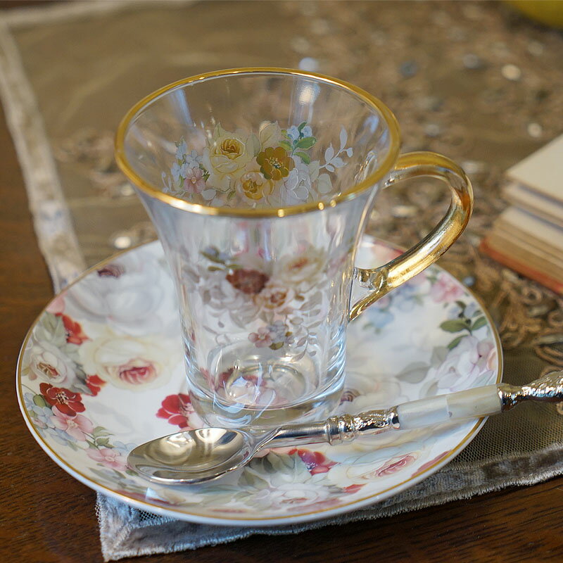 カップ＆ソーサー ブロッサム柄 ガラス＆陶器 英国スタイル おしゃれ テーブルウェア インテリア 雑貨 ギフト プレゼント キッチンウェア 食器