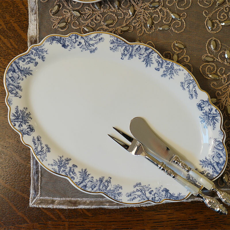 オーバルプレート 皿 26cm ブルー トワルドジュイ柄 陶器 フランススタイル おしゃれ テーブルウェア インテリア 雑貨 ギフト プレゼント キッチンウェア 食器