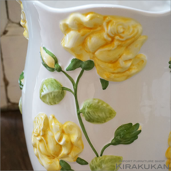 傘立て 陶器 ローズレリーフ イエロー 傘立て陶器 アンブレラスタンド 薔薇雑貨 お...