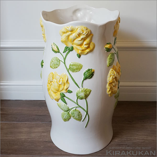 傘立て 陶器 ローズレリーフ イエロー 傘立て陶器 アンブレラスタンド 薔薇雑貨 お...