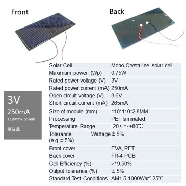 3V 250mA 110mm * 55mm　（単結晶）工作用　ソーラーパネル　太陽電池