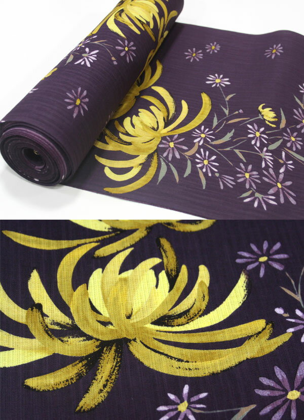 花みつこレディース浴衣　紫 菊柄 送料無料・未仕立て反物　仕立代込