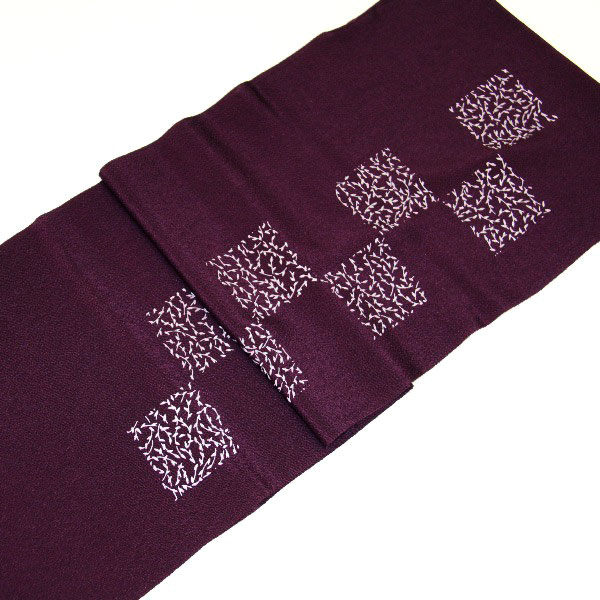 正絹帯揚げ【ちりめん】小枝市松文様＜ワイン・白＞紫 パープルホワイト スクエア　※メール便OK