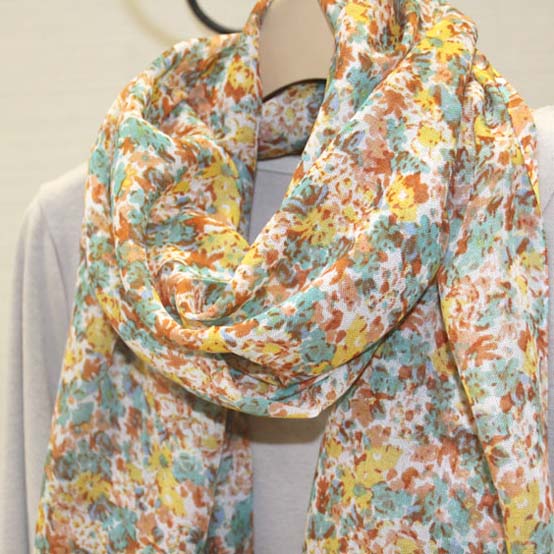 オレンジ花柄レース付きストール　【メール便OK】