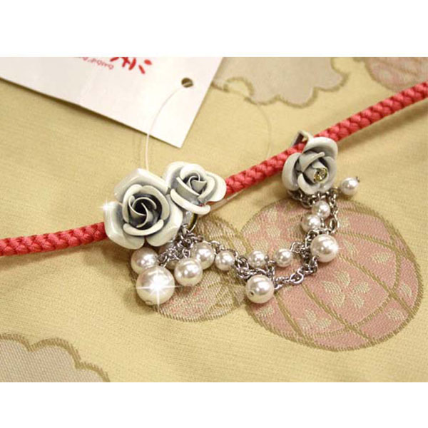 浴衣用かざり紐　バラの帯留付き　＜ピンク＞パールビーズ【メール便OK】