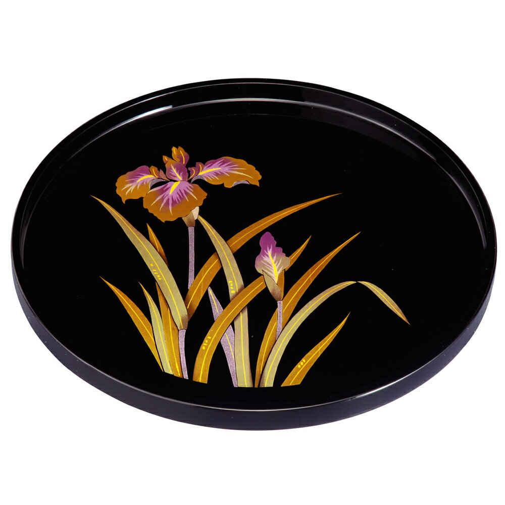 【50%OFF 半額】お盆 トレー 木製 新丸盆 黒 蒔絵 金あやめ 30cm 高級 おしゃれ 可愛い おぼん 日本製
