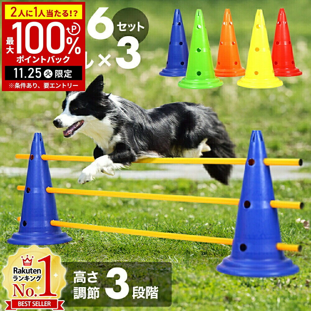 【当選確率1/2抽選で最大100%ポイントバック25日限定】 犬 アジリティ ハードル コーン 6個 ポール 3本 セット 高さ調節 3段階 カラーコーン バー...