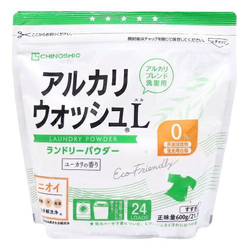■商品名：アルカリウォッシュLランドリーパウダー ユーカリの香り■内容量：600g■メーカー：地の塩社■原材料：炭酸ナトリウム、過炭酸ナトリウム、セスキ炭酸ソーダ、ゼオライト、ユーカリ油、香料（ユーカリ由来）■賞味期間：長期保存可■商品詳細：セスキ炭酸ソーダと酸素系漂白剤を配合した洗濯用洗剤 界面活性剤不使用 皮脂汚れや汗の臭いをしっかり落とす ユーカリの天然精油の香り水に溶けやすく使いやすいすすぎ1回でOKドラム式洗濯機にも対応無機物なので生分解の必要がなく環境にやさしい衣類の黄ばみ・黒ずみの予防にも汚れのひどいものは、ぬるま湯の浸け置き洗いでキレイに蛍光増白剤・合成香料・着色料不使用無残香タイプ弱アルカリ性使用量目安：25g／水30L