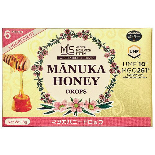 ■商品名：マヌカハニードロップ ■内容量：18g（6粒） ■原材料：マヌカはちみつ（ニュージーランド） ■開封前賞味期間：製造日より常温で3年 ■メーカー：若翔 ■商品明細： マヌカはちみつ100％のキャンディ マヌカ特有の深みのある味わい マヌカはちみつ（UMF10+／MG261+）使用 特許製法により砂糖などの糖類を一切加えずに固形化 滑らかな口当たり 抗生物質不使用 砂糖不使用 ひとくちサイズ