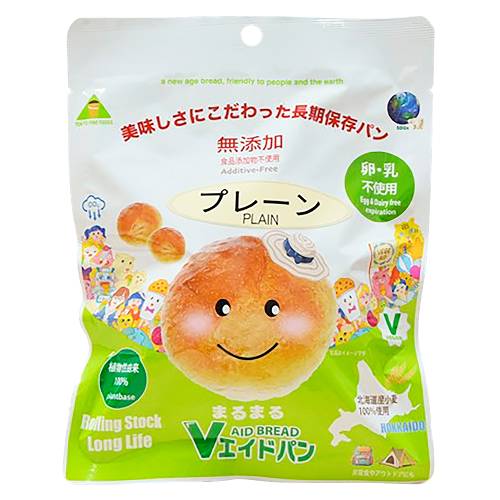 ■商品名：Vエイドパンまるまる プレーン ■内容量：1個 ■原材料：小麦粉［小麦（国産）］、粗糖、小麦たんぱく、パン酵母、胡麻油、小麦ファイバー、食塩 ■賞味期間：製造日より1年6ヶ月 ■メーカー：東京ファインフーズ ■商品明細： 卵・乳製品不使用のヴィーガンパン しっとりやわらかな食感 やさしい甘み イーストフード・乳化剤不使用 香料・着色料・保存料不使用 アレルギー特定原料25品目不使用 ローリングストックにも最適