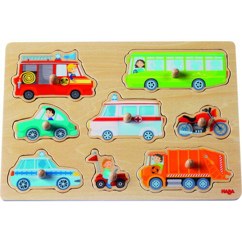 ■商品名：ノブ付きパズル・みんなのくるま （HA301940）■サイズ：30x21cm■メーカー：ハバ/HABA■材質：合板■対象年齢：1歳半頃から■生産国：ドイツ■商品詳細：〇ノブ付きのパズルは小さなお子様でもかんたんに取り外すことができます。〇子供たちは型にはめ込んだときの、出来た！という嬉しさで、繰り返して遊びます。〇指先の器用さを訓練する意味合いでも、1才半頃のお子様からおすすめです。