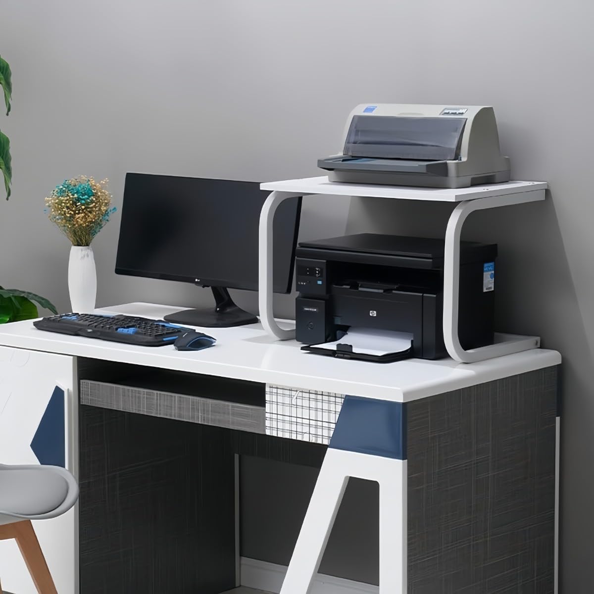 プリンターラック 木製 プリンター台 鉄骨 プリンタスタンド 多機能 大容量 机上＆机下台 電子レンジ上..