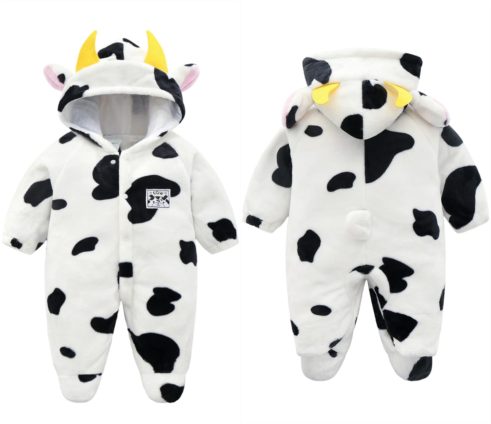 新生児 コスチューム 丑年 ロンパース カバーオール ジャンプスーツ 前開き 帽子付き 長袖 無地 女の子 男の子 可愛い 仮装衣装 子供服 カジュアル 秋冬 コスチューム アニマル 動物 誕生日 出産祝い プレゼント 新年 撮影 ハロウィン 衣装 (90,A)