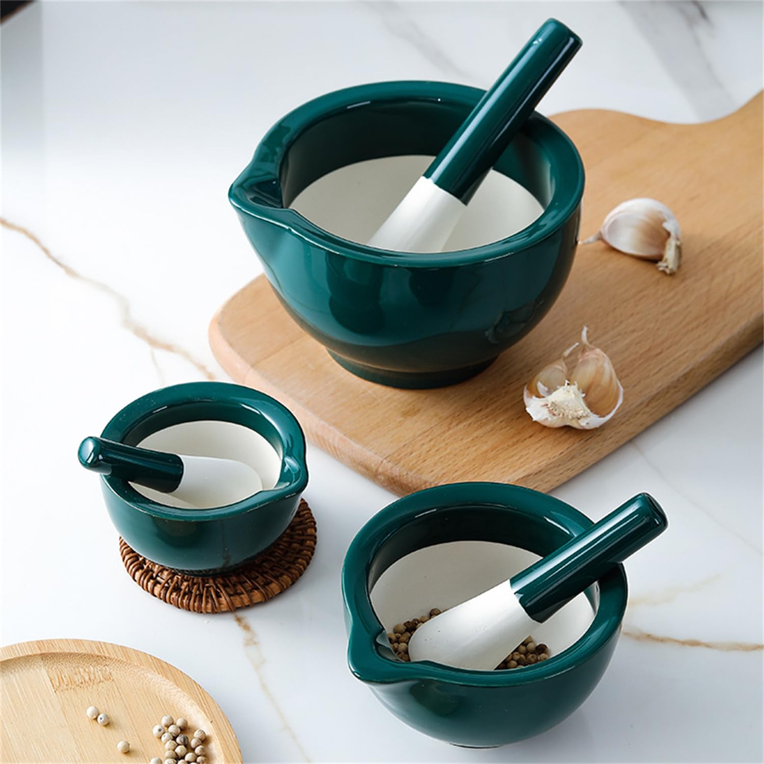 すり鉢 すりこぎ棒 搗き器 大容量 研削ボウル スパイス ガーリック 生姜 キッチン用品 丸薬粉砕機 多用途 すりばちセット 大 小 ミニ 家庭/料理/研磨用 (グリーン, 大きい)