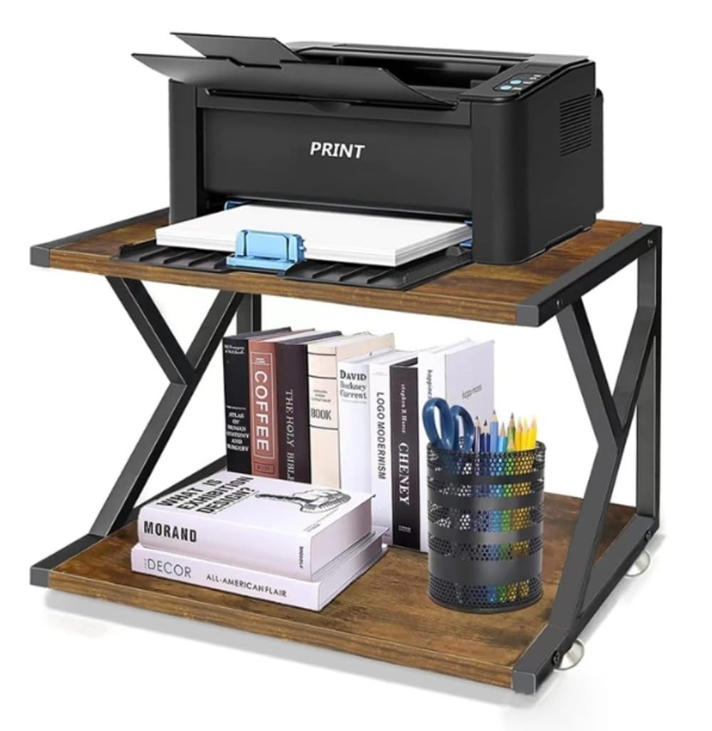 プリンターラック オフィス 二層収納ラック 多機能家庭用収納ラック 木製 デスク下/デスクトップ 両用..