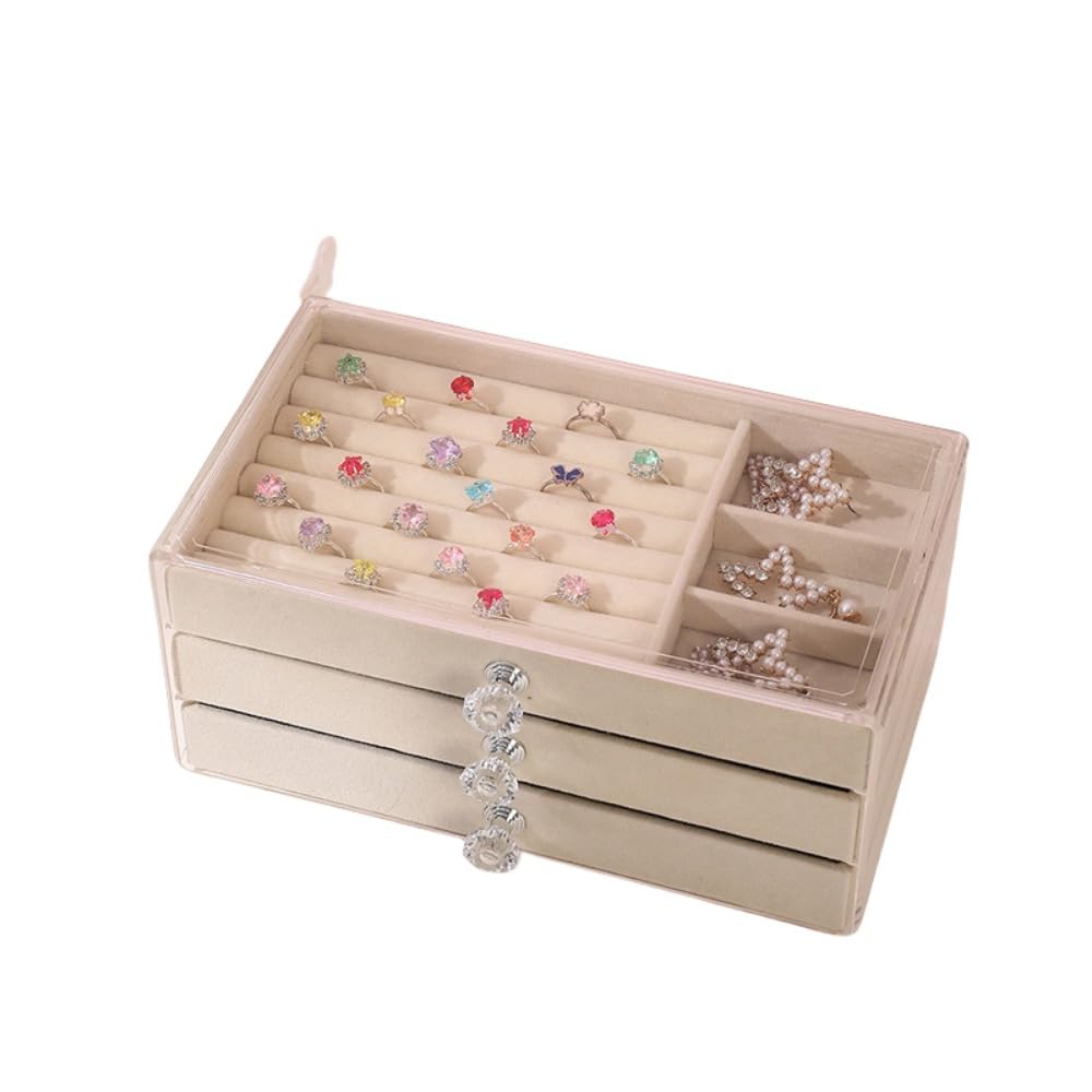 ジュエリーボックス アクセサリー 収納 アクセサリーケース 小物入れ ジュエリーケース アクセサリーボックス 宝石箱 3段 引き出し 透明 クリア 指輪 ネックレス ピアス イヤリング ブレスレット 時計 女の子 (グレー)