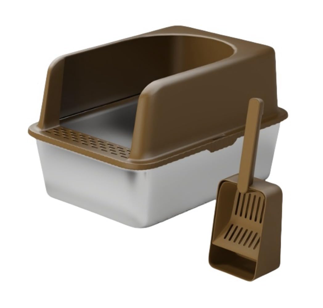 ステンレス鋼の猫トイレ、お手入れが簡単、幅広で厚く、砂漏れ防止、広いスペース、オープン猫トイレ、飛沫防止、砂防止、厚みのあるステンレス鋼猫トイレ+、二層トイレパッド+、マルチ- 機能的な猫砂スクープ (イエロー)