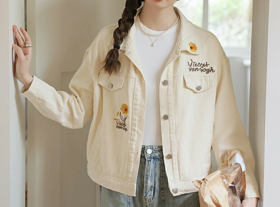 2025コーデに役立つ!デニムジャケット レディース 2025春の新作甘い刺繍白ショートデニムコート女刺繍デニム 韓国ファッション