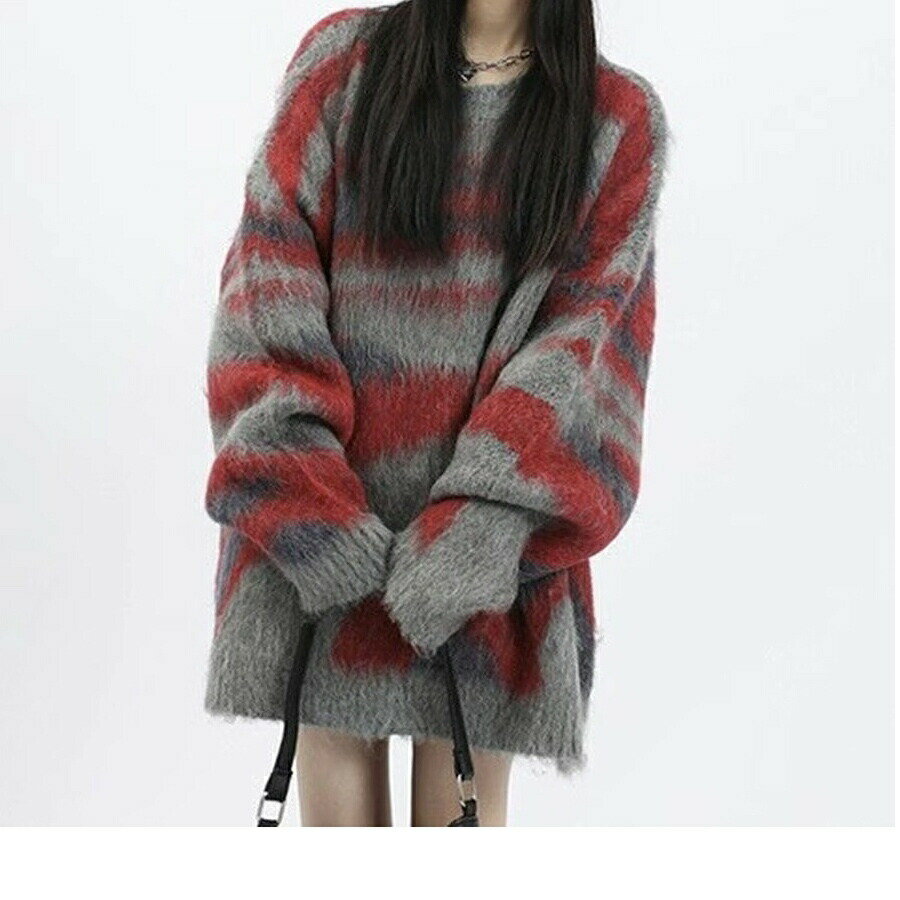 【2枚購入で2 00円OFF】秋冬新作 アメリカンレトロなぶつかり色ストライプのヘッダーセーター女性の毛引きファッションだるいニットトップスファッション カシミヤタッチ