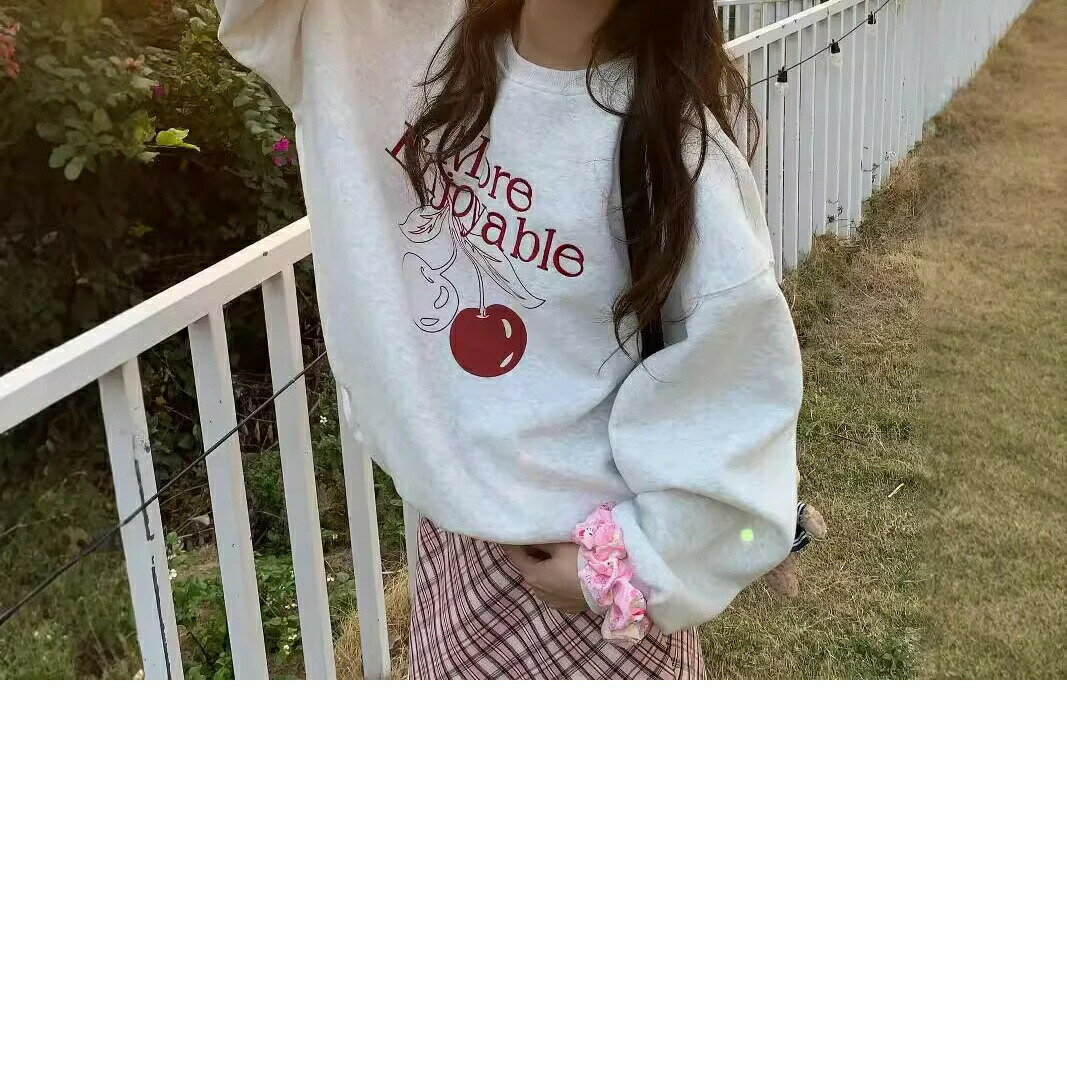 韓国ファッション シンプル 新しい丸首衛衣 カジュアル パーカー レディース おしゃれ かわいいゆるい チェリープリントの丸首長袖トップス