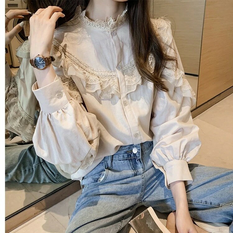 韓国ファッション 今っぽシアーシャツ 2025 ファッションレース シャツ 春の新作フレンチシャツ トップス レディースのレトロ レースラウンドネックゆったり ...