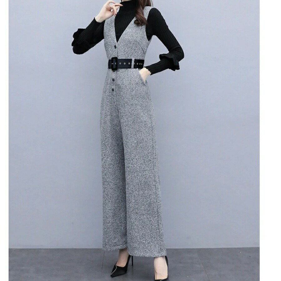 新品 大人気 オールインワン レディース 40代 秋冬新作 長袖 ニットトップス サロベットパンツ ワイドズボン オシャレセットアップ ラシャ2点セット 上品 通勤 入学式 卒業式