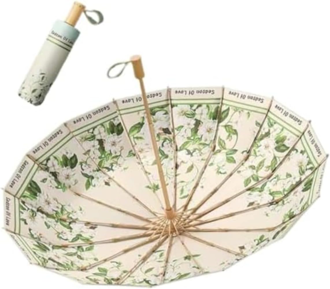 折りたたみ傘、木製ハンドル、伝統的なデザイン、晴れの日と雨の日で使用可能、16本の骨、手開き、日焼け防止と断熱、防水、女性に最適、古代スタイル、日焼け防止 (14)